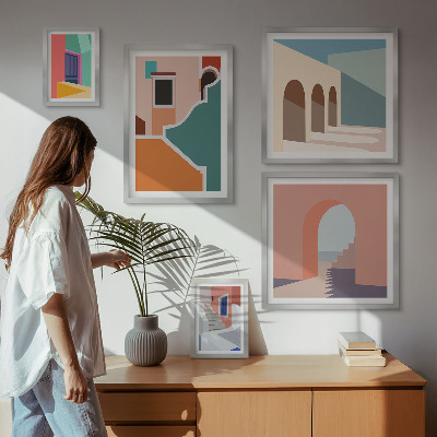 Billedsæt over sofa Farverige illustrationer af bygninger