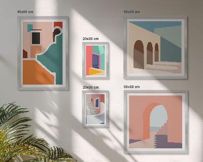 Billedsæt over sofa Farverige illustrationer af bygninger