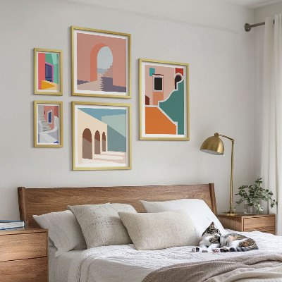 Billedsæt over sofa Farverige illustrationer af bygninger