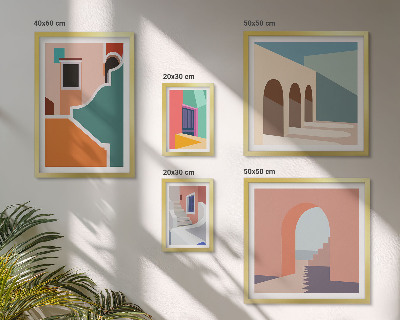 Billedsæt over sofa Farverige illustrationer af bygninger