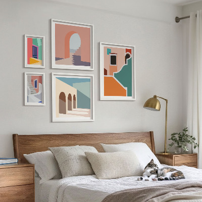 Billedsæt over sofa Farverige illustrationer af bygninger
