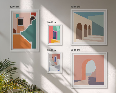 Billedsæt over sofa Farverige illustrationer af bygninger