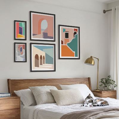 Billedsæt over sofa Farverige illustrationer af bygninger