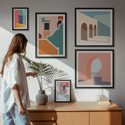 Billedsæt over sofa Farverige illustrationer af bygninger