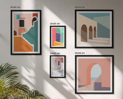 Billedsæt over sofa Farverige illustrationer af bygninger