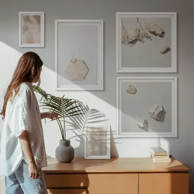 Billedsæt til væg over sofa med subtile boheme naturlige teksturer