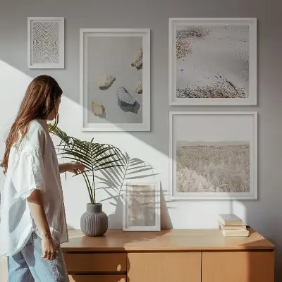 Billedsæt til væg over sofa i boho-stil med naturlige teksturer