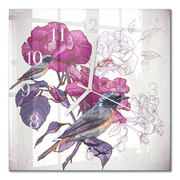 Firkantet vægur Fugle og blomster