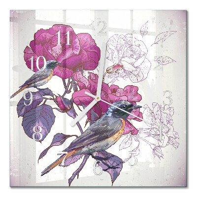 Firkantet vægur Fugle og blomster