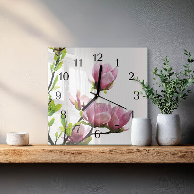 Firkantet glas vægur Magnoliablomst