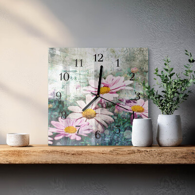 Firkantet glas vægur Blomster