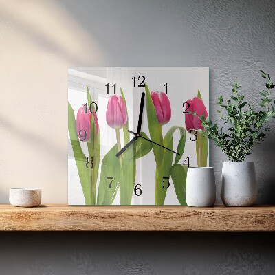 Firkantet glas vægur Tulipaner