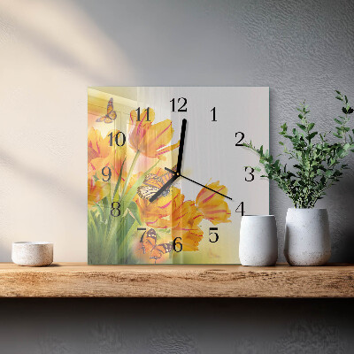 Firkantet glas vægur Tulipaner