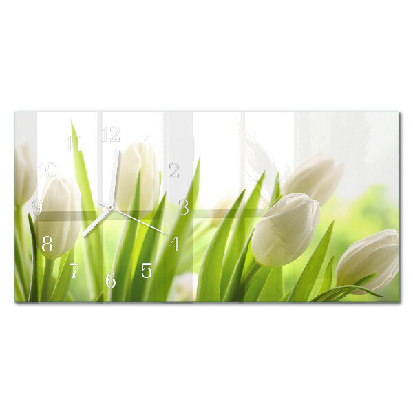 Rektangulært glas vægur Hvide tulipaner